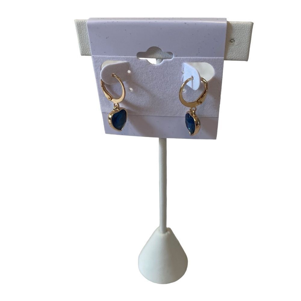 Small Gold Toned Blue Pave Heart Shaped Drop Hoop Earrings 18$
